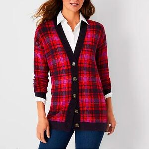 Ann Taylor Red and Purple Plaid Cardigan